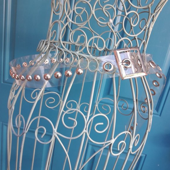 Metal Studded Clear Plastic Belt Silver Grommets Rivets Extra Long Neutral Tone - Picture 7 of 8